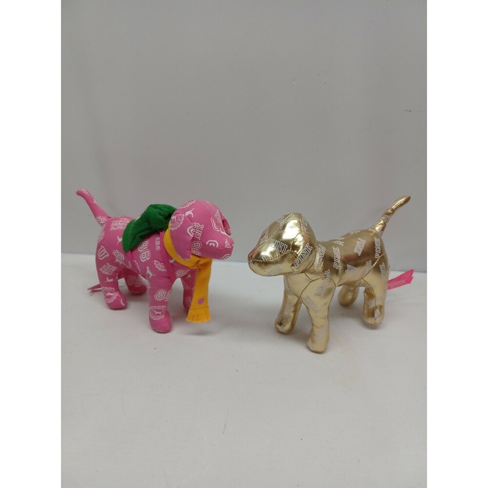 2 Victoria Secret Pink Mini Dog Stuffed Plush 7" Metallic Gold Phi Beta Pink